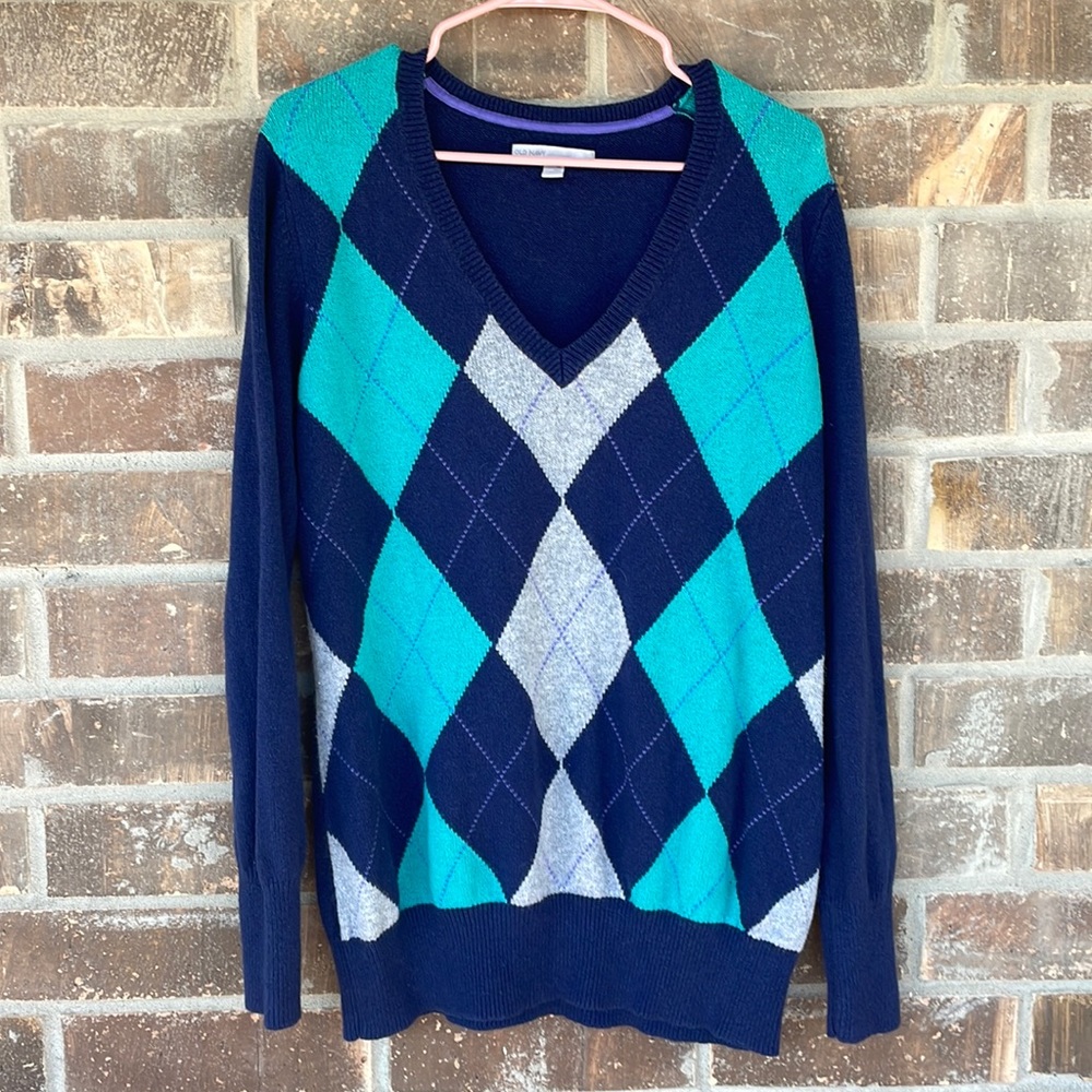 Old Navy Blue Green & Gray Argyle Sweater XL Tall